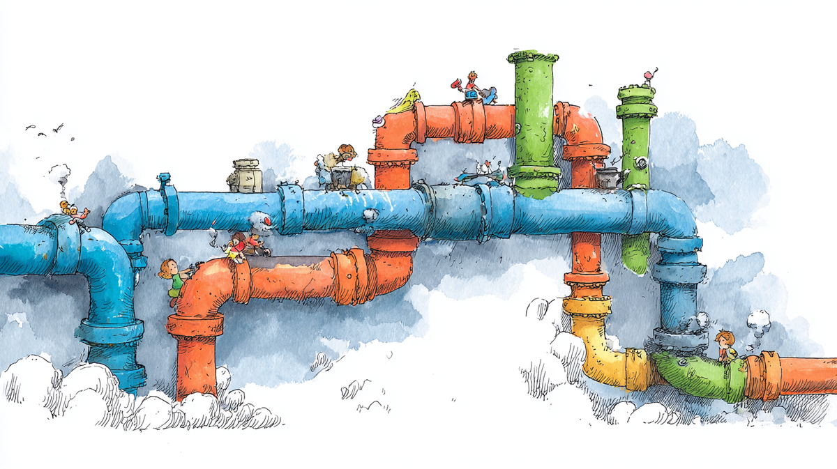 Whimsical illustration of colorful interconnected pipes with small figures working on the infrastructure, representing a complex system of connected data flows.