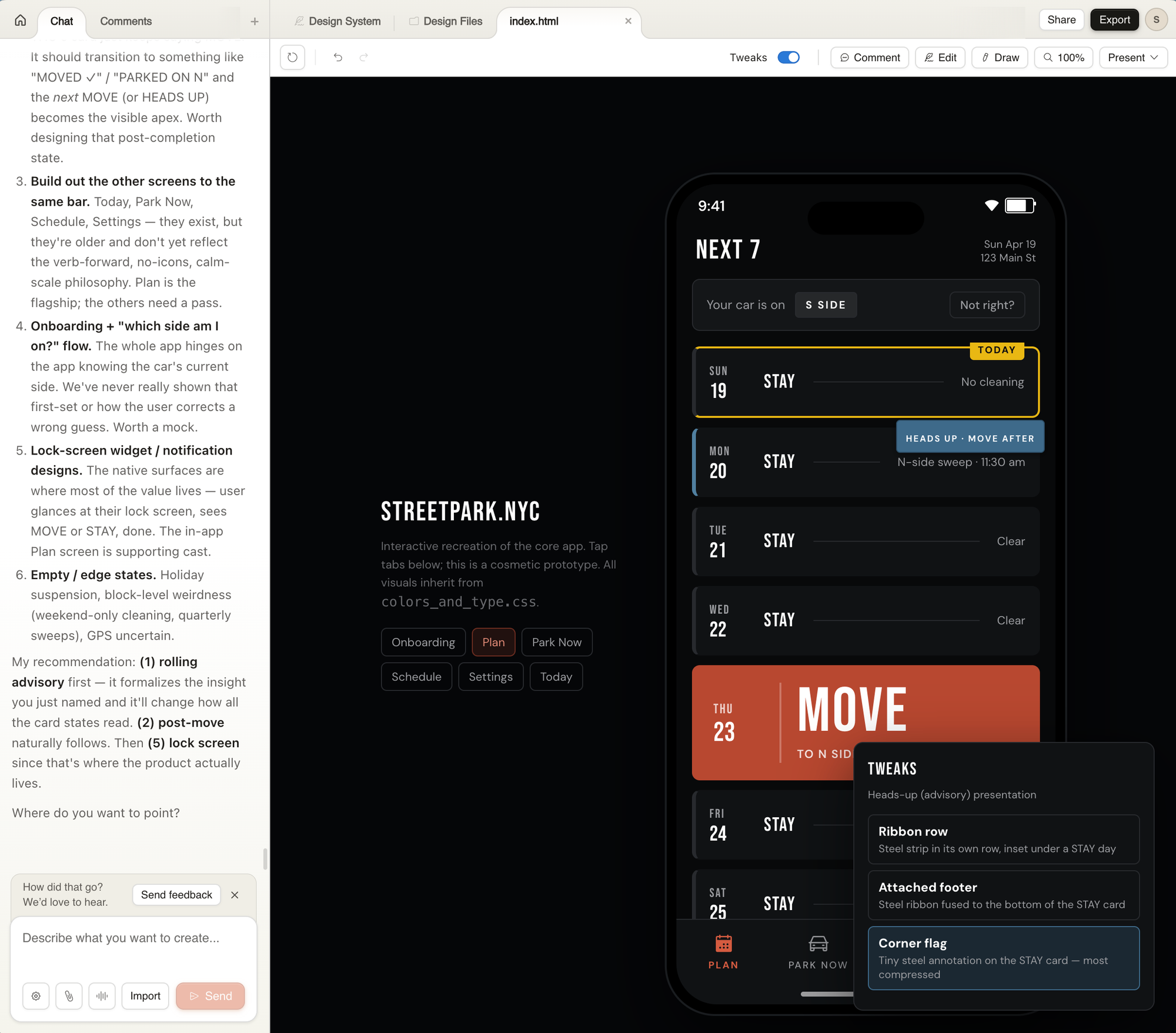 The Tweaks panel. Structured variations of the same design, side by side, pick one.