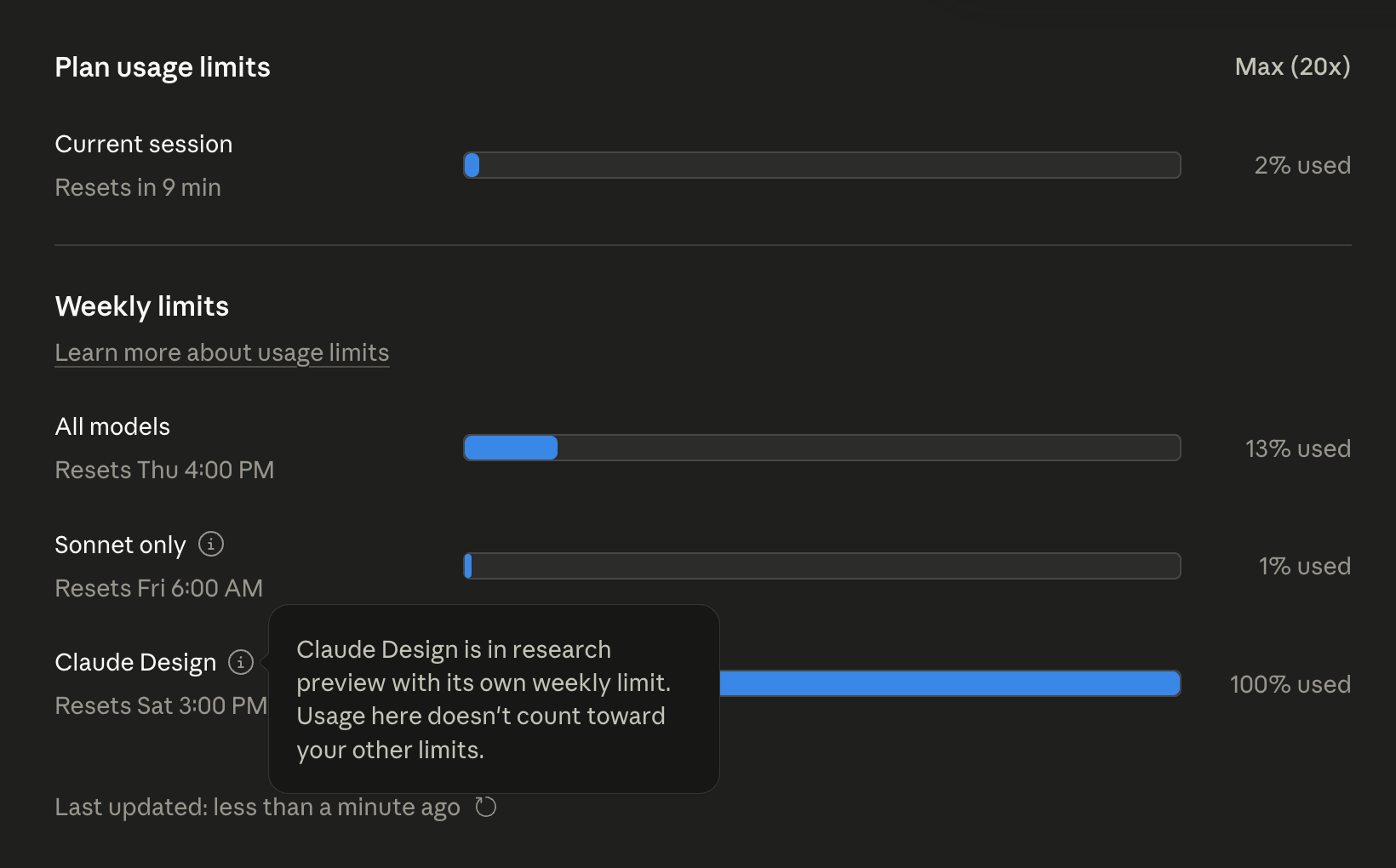 Plan usage limits screen showing Claude Design at 100% used, with a tooltip noting it's in research preview with its own weekly limit.