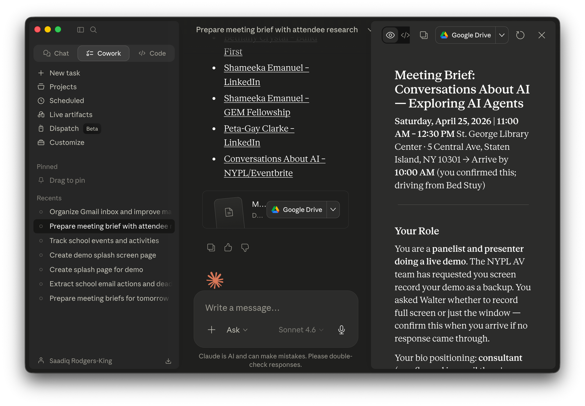 A Google Doc generated by the agent. A meeting brief for the AI panel at the St. George Library Center on Saturday April 25, with sections for role, attendees, and prep notes.