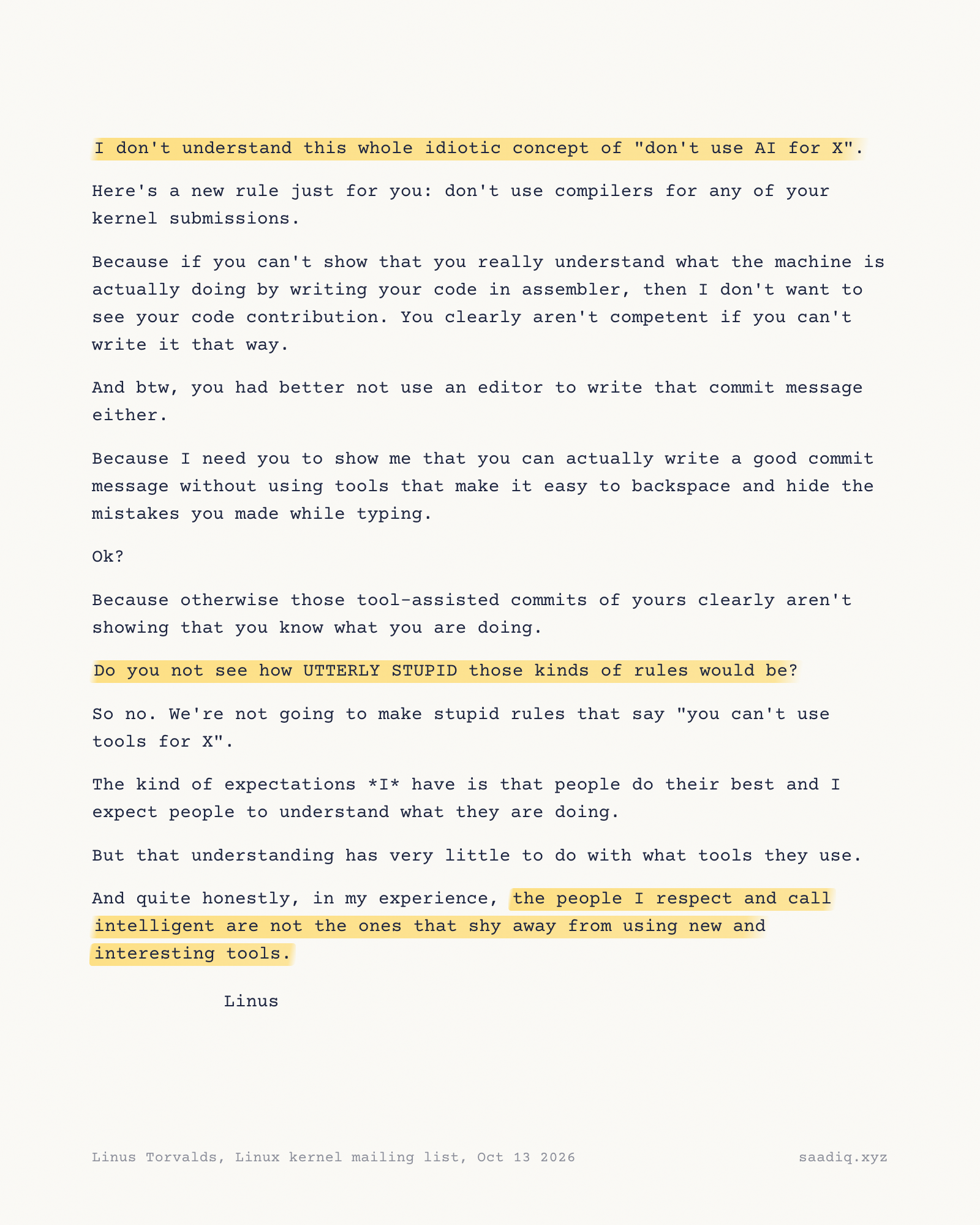 Linus Torvalds' email to the Linux kernel mailing list, with three lines highlighted