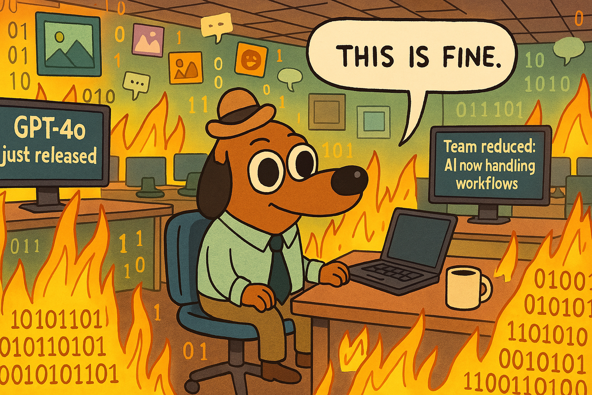 Cartoon dog in office attire sits calmly at a desk while digital flames, binary code, and AI icons surround him. Screens say “GPT-4o just released” and “AI now handling workflows.”