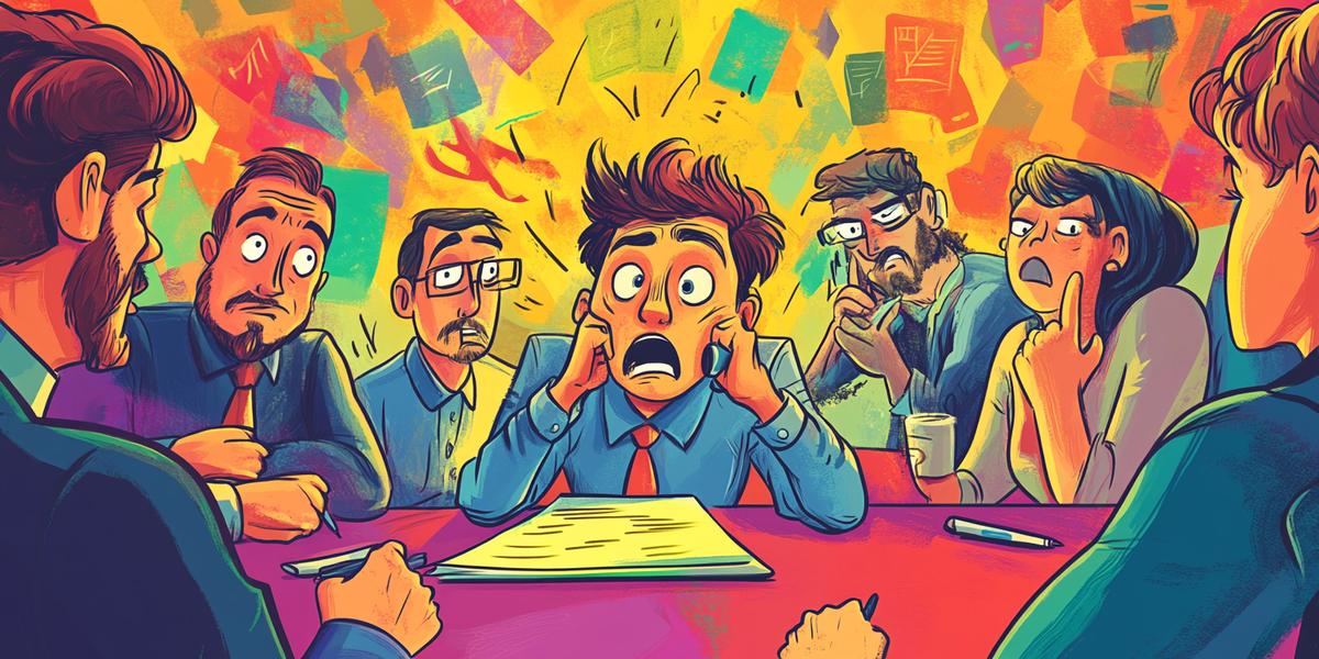 Cartoon of a panicked person at a meeting, clutching their face in distress while five concerned colleagues watch around a red table against a vibrant yellow background.