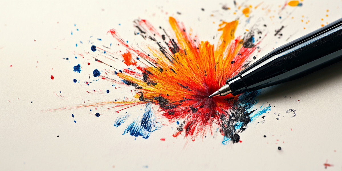 Close-up of a pen touching paper with an explosion of red, orange, blue and black ink radiating outward in all directions against a white background.