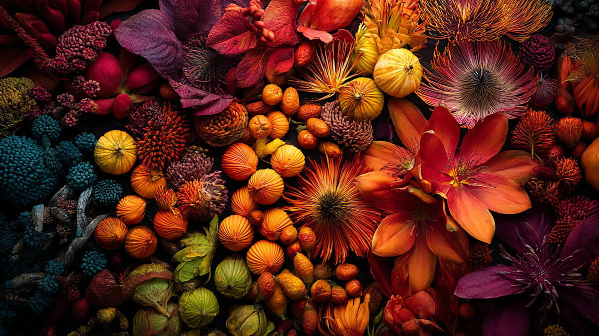 Top‑down view of dried flowers, seed pods, and berries in reds, oranges, purples, and teal; one bright orange blossom at center‑right stands out amid the dense arrangement.