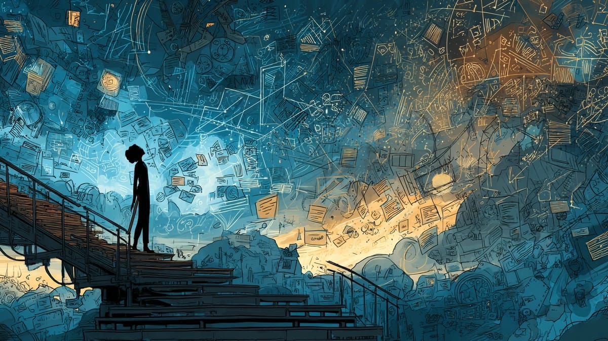 Silhouette of a person on stairs surrounded by swirling sketches and notes, symbolizing elevation from creative clutter to high-level orchestration.