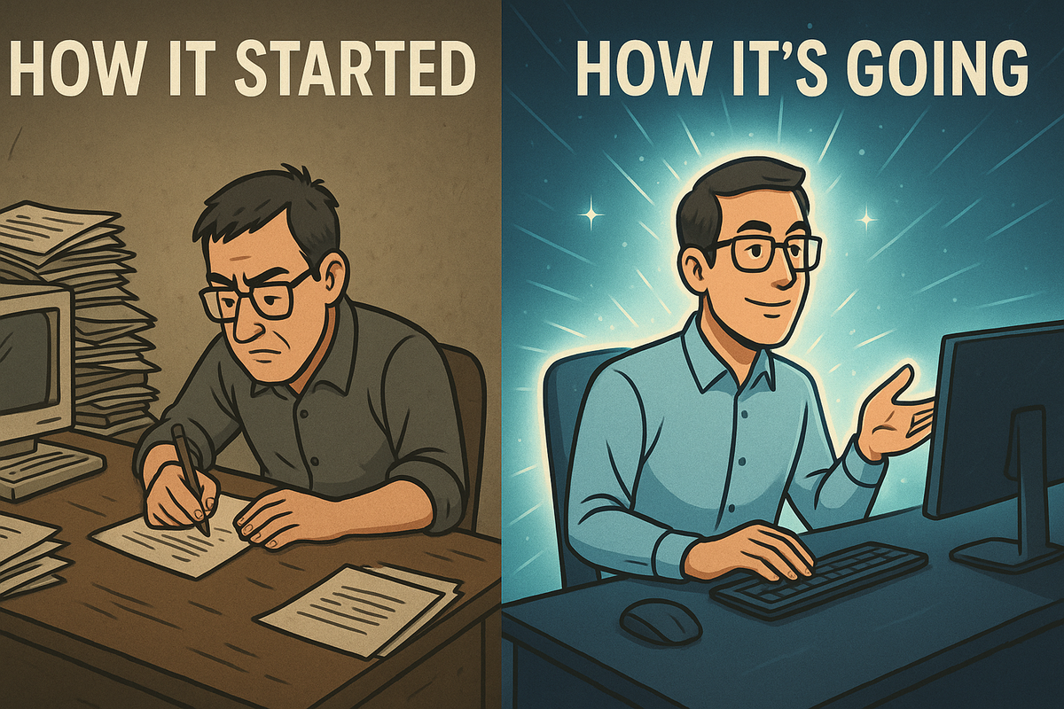 Cartoon showing a man transforming from overwhelmed with paperwork to confidently using modern tools—illustrating how AI enables access to capabilities previously out of reach.