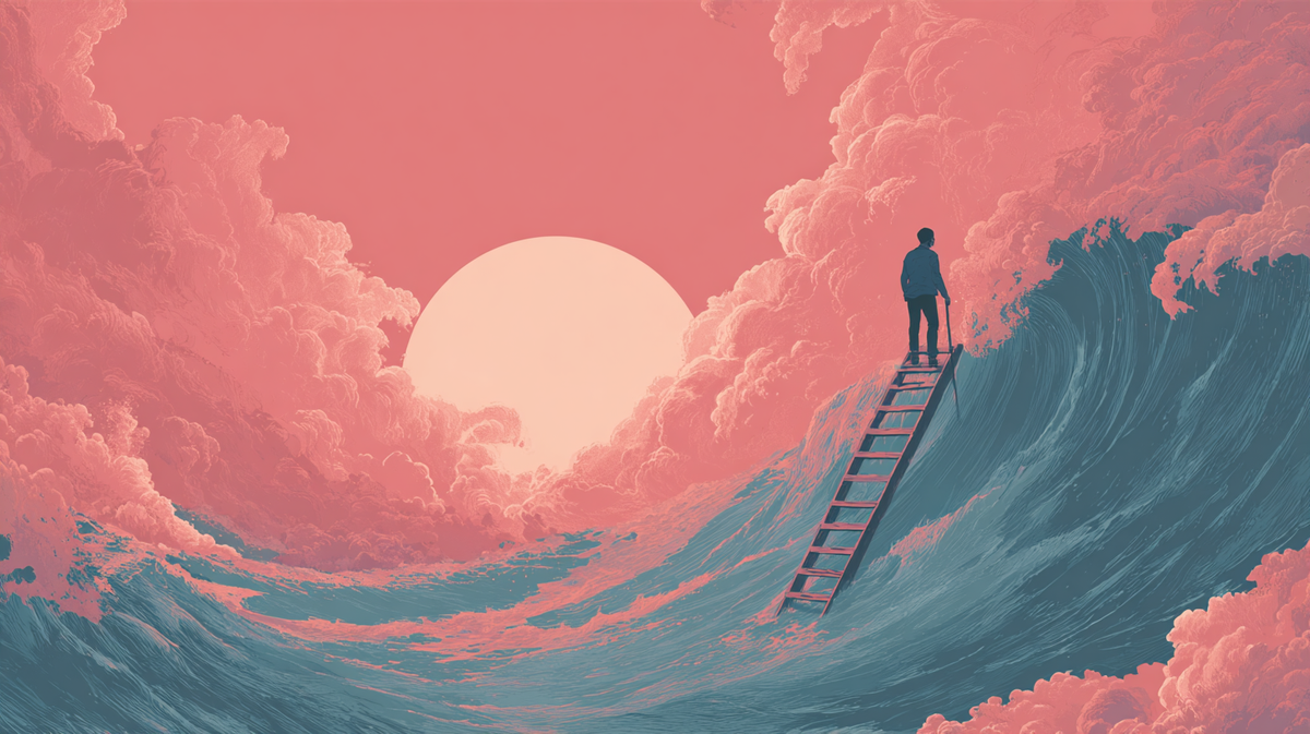 Person on ladder rising above waves toward bright sky, symbolizing leadership guiding teams through AI transformation challenges to success.