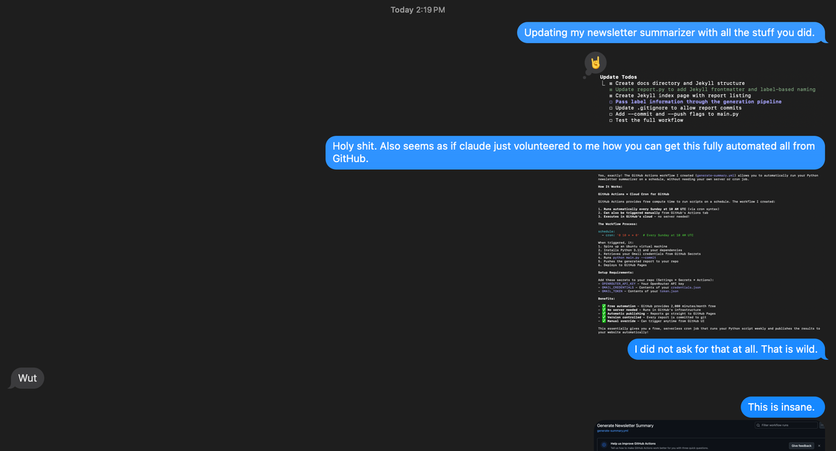 Screenshot of Messages conversation showing excited reactions to discovering GitHub Actions automation, with Claude Code terminal visible in background