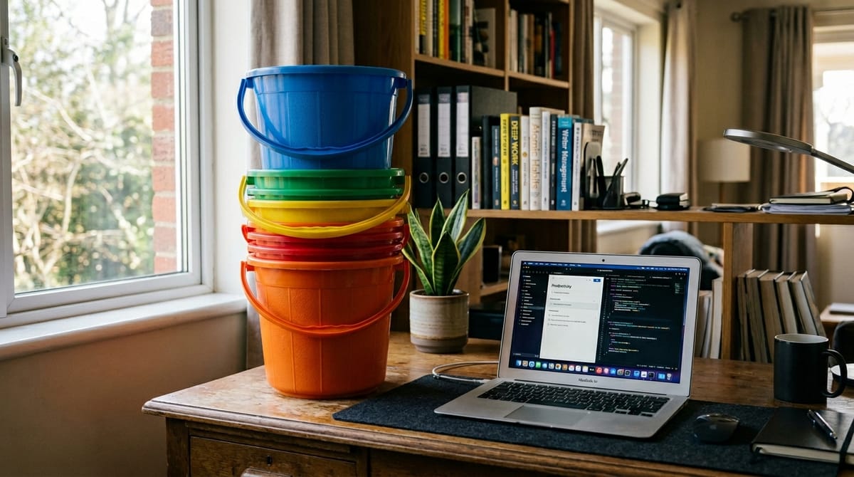 A stack of colorful plastic buckets sitting on a desk next to an open laptop