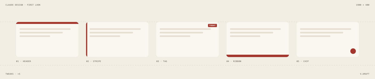 Five card tweaks in a row, each with a different accent placement (header, stripe, tag, ribbon, chip), drafting guides and spec labels