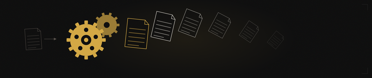 A gold engine of meshing cogs printing a stream of pages, one in gold and the rest fading into the dark.