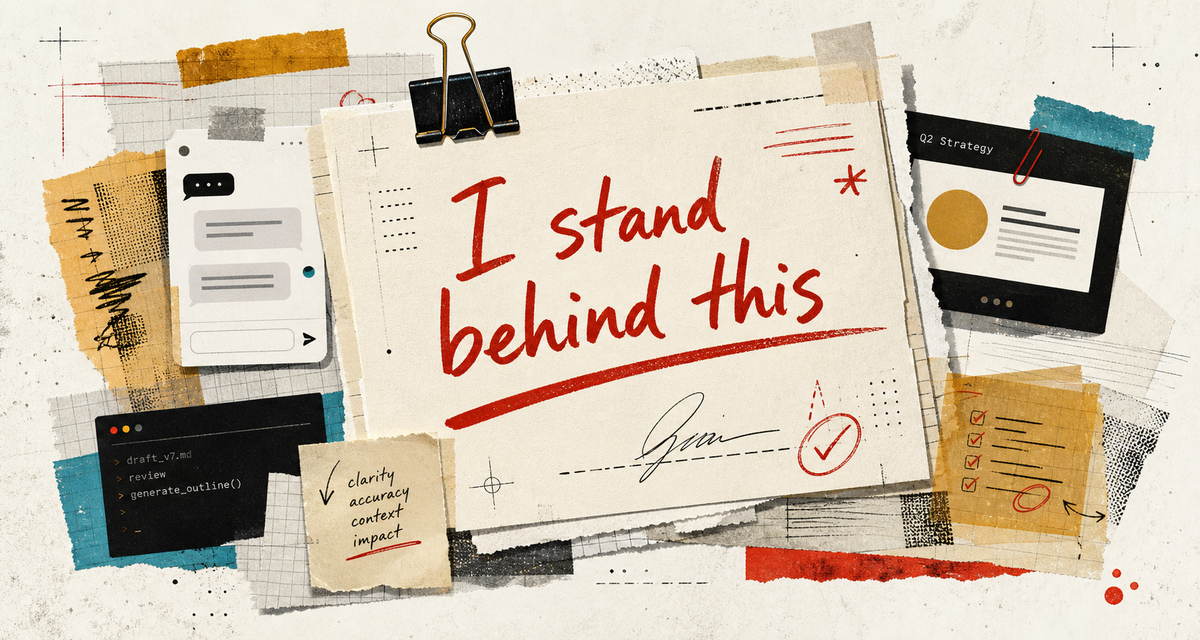 Editorial collage of marked-up memos, AI chat fragments, and a central handwritten note reading I stand behind this.
