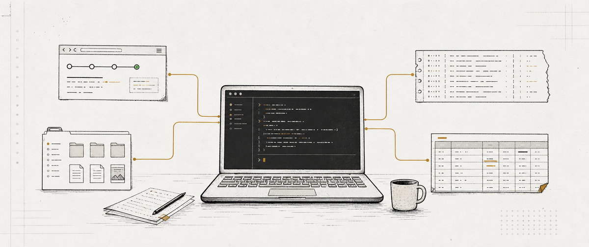 Editorial illustration of a laptop connected by thin ochre lines to a package status card, content folder, log file, and spreadsheet.