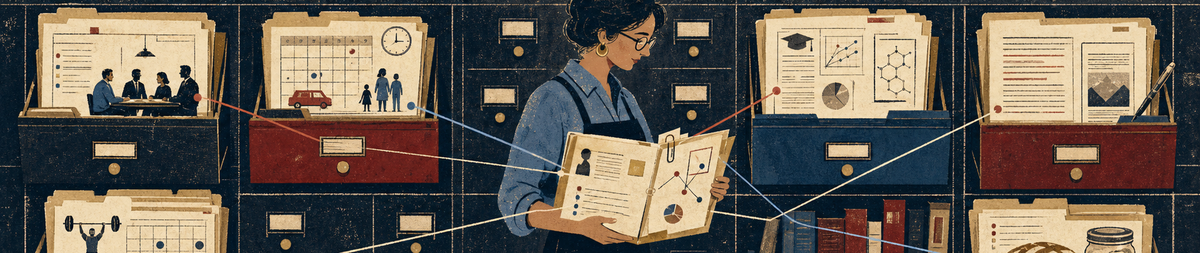 A stylized librarian connects client, family, research, fitness, content, and sourdough records inside an enormous card catalog