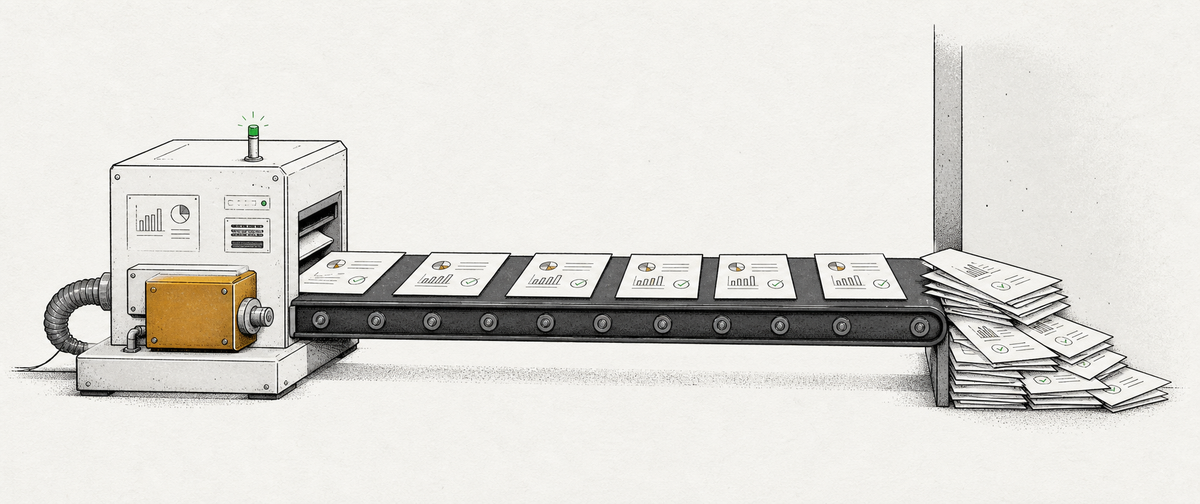 A working machine feeds completed documents along a conveyor into a wall, where the outputs pile up despite a green status light.