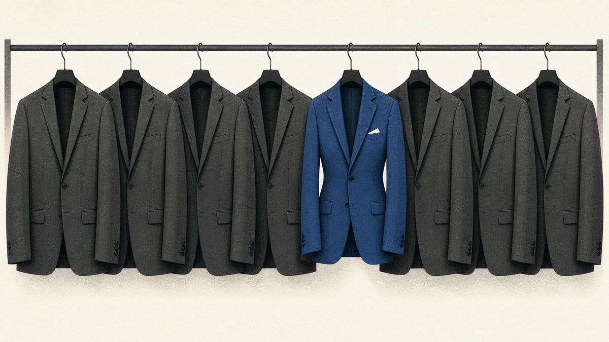 One blue tailored suit hangs among a row of identical charcoal off-the-rack suits.