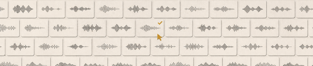 A grid of similar voice waveform cards with one ordinary card selected by a small ochre checkmark and cursor.