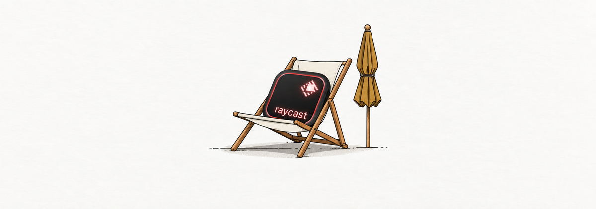 The Raycast app icon reclining in a deck chair beside a closed ochre beach umbrella.