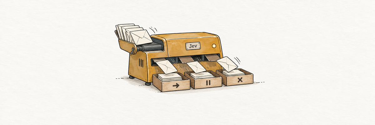 An illustrated ochre machine labeled Jev sorts envelopes into forward, review, and discard trays.