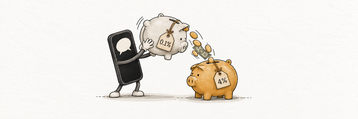 Illustration of a smartphone with arms tipping a pale piggy bank tagged 0.1% and pouring its coins and a dollar bill into an ochre piggy bank tagged 4%