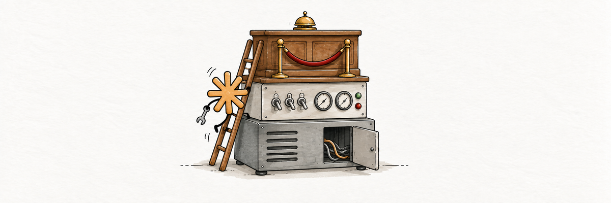 Stacked tower with a concierge desk and bell on top, a control panel in the middle, and an open server box at the bottom. A small ochre asterisk climbs down a ladder to it with a wrench.