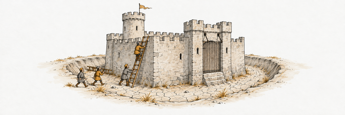 Ink and watercolor castle with a dry, cracked moat. One man climbs a ladder against the wall, another holds it, and two more cross the empty moat, one carrying a second ladder.