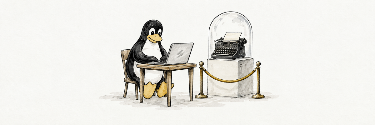 Ink and watercolor illustration of Tux the Linux penguin typing on a laptop at a small table, beside an old typewriter roped off under a glass dome on a museum pedestal.