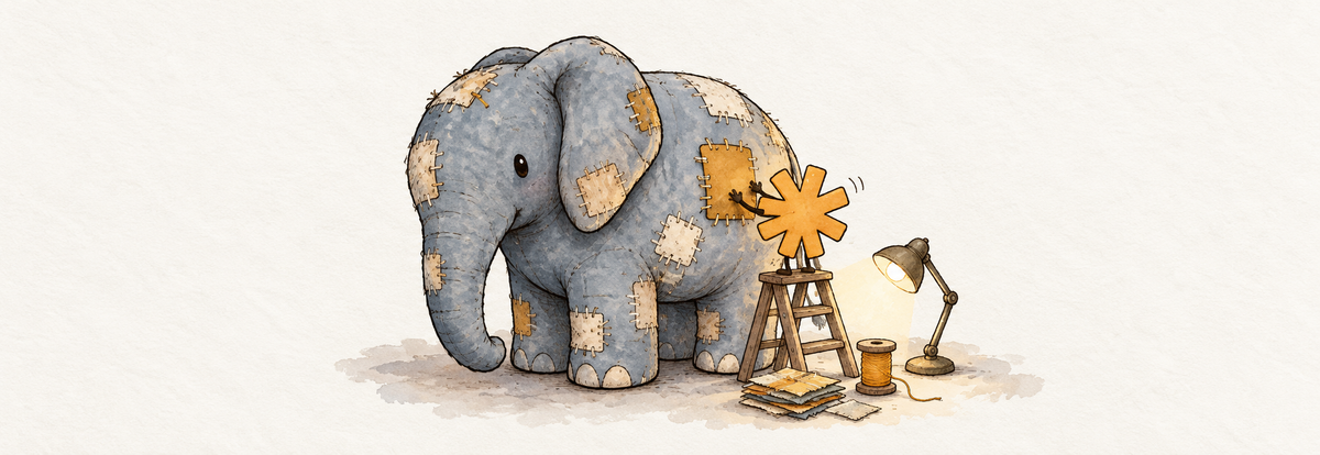A plush elephant covered in old stitched patches stands still while a small ochre asterisk on a stepladder presses a fresh patch onto its side.